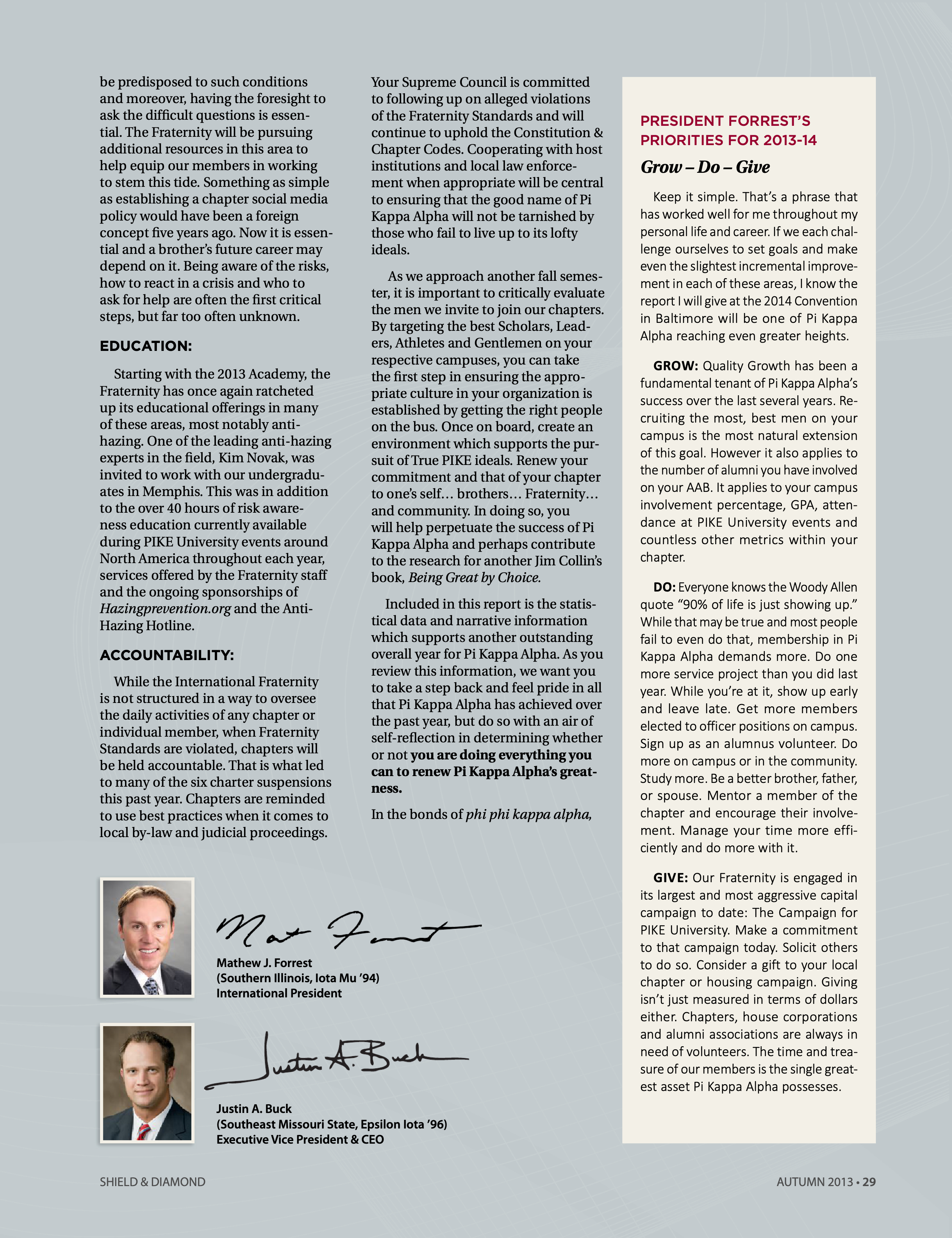 President Forrest's Priorities for 2013-14